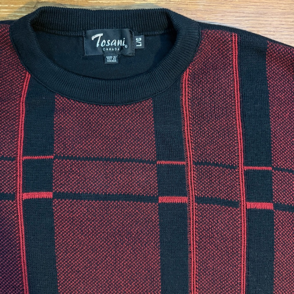 Vintage Tosani Large Sweater Crewneck Cotton Pullover Black Red Striped Grampa